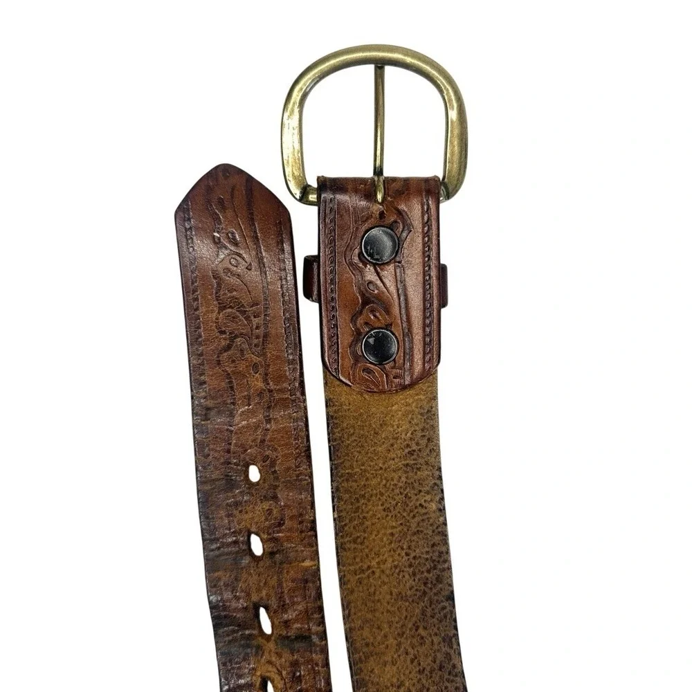 Vintage Levis 2235 Tooled Leather Belt Size 36 Brown Western Steerhide 1970s USA